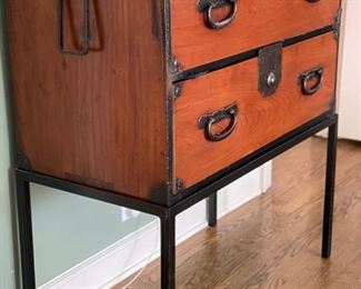 19th Century Japanese Lacquer Tansu custom fitted on metal base. Made of Kiriwood - 2 available. Each measures 37" W x 18" D x 42" H (chest without metal base is 32" H). Photo 2 of 4.