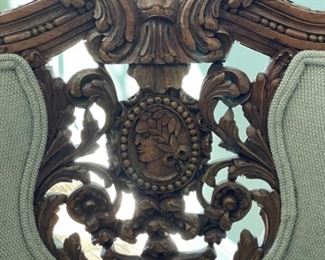 Original French walnut finest quality tub chair from a salon suite circa 1880 in Louis Napoleon style. Figurative carved medallion at center. Newer upholstery. Measures 32.24" x 24" D x 34" H; Seat Height 34". Photo 2 of 5.