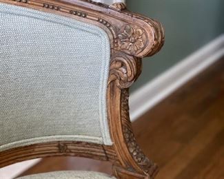 Original French walnut finest quality tub chair from a salon suite circa 1880 in Louis Napoleon style. Figurative carved medallion at center. Newer upholstery. Measures 32.24" x 24" D x 34" H; Seat Height 34". Photo 3 of 5.