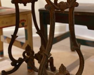 Southwestern-style 48" R pedestal dining table with stone top and wrought iron base. Photo 2 of 2.