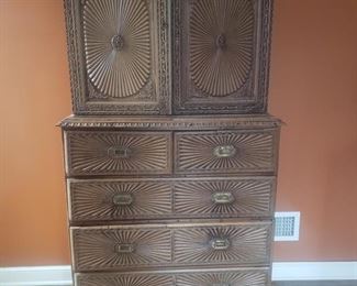 Carved Wood Cabinet with Interior Lighting. Mexico. Measures 42" W x 18" D x 78.4" H. Photo 1 of 3.