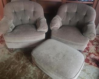 Set of two tufted back chenille upholstered club chairs & ottoman. Photo 1 of 4.