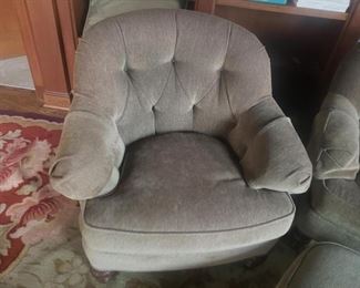 Set of two tufted back chenille upholstered club chairs & ottoman. Photo 3 of 4.