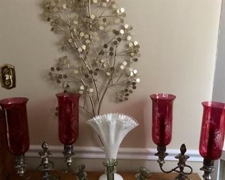 . . . cranberry glass candle holders, milk glass