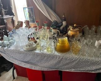 . . . some of the many treasures: glassware, cranberry punch set, and Staffordshire King Charles spaniels -- among other things