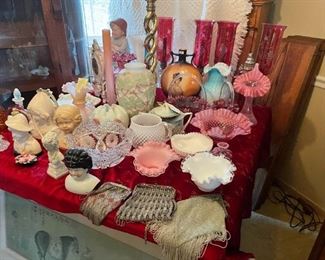 . . . several Fenton and other art glass pieces -- notice three Victorian purses in foreground