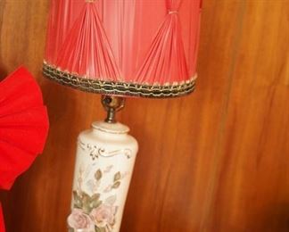 ANTIQUE PORCELAIN LAMP WITH RED SHADE 