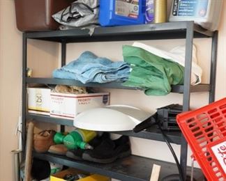 METAL SHELF WITH SHOES, LINENS AND CAR OIL 