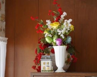 MILK GLASS FLOWER VASE WITH FAKE FLOWERS 