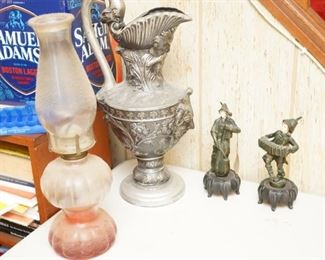 LAMP, PITCHER, AND METAL STATUES 