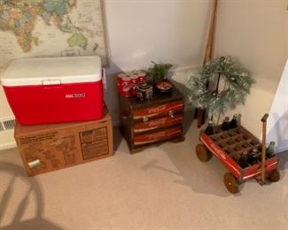 COOLER. AND A COKE CHEST AND WAGON MADE FROM OLD WOOD CRATES