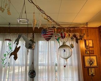 Hanging birds and other items.