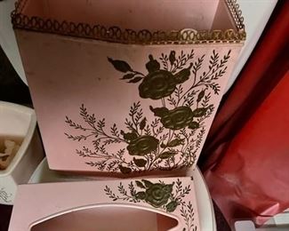 Vintage metal Wastebasket and tissue box.