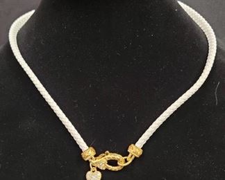 Judith Ripka Braided White Leather Necklace with Gold Colored Heart