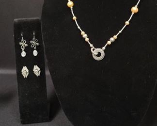 Necklace and 4 Pair of Silver Colored Earrings (Magnetic and No Markings)