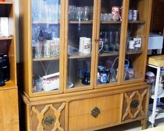 Vintage Early American 2 Drawer China Hutch, 69.5" x 60" x 17"