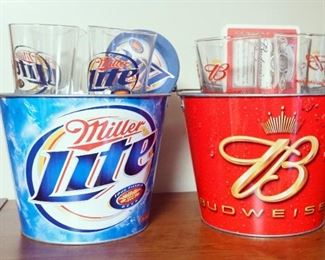Budweiser And Miller Lite Metal Ice Buckets With Drinking Glasses And Matching Coasters