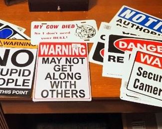 Metal And Fiberglass Warning Signs, License Plate And Stickers, Total Qty 12