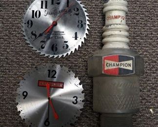 Vintage Plastic Champion Spark Plug Store Display, 22" Length, and Battery Powered Sawblade Wall Clocks, Qty 2