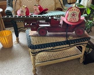 Wicker coffee table and Buddy L fire truck......