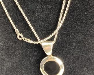 For your consideration is this Long 925 Silver Necklace w/ Vintage Onyx Pendant