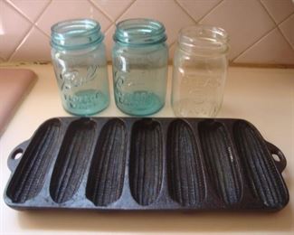 Wagner Ware cornbread pan, blue glass pint jars