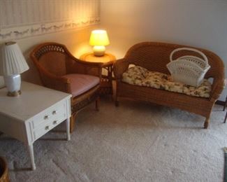 Wicker settee, wicker chair, Mersman side table