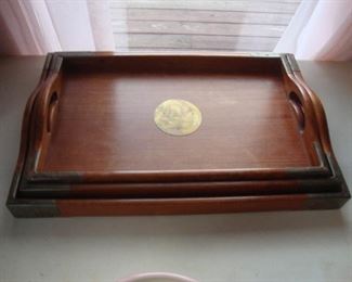 Oriental wood trays with brass trim