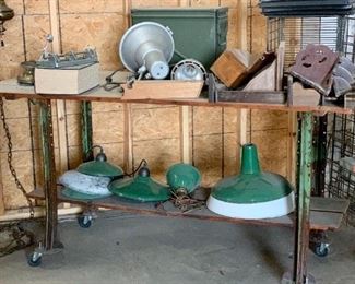 Old Barn Lights and Shades, Barn Door Table on Industrial Legs with Castors