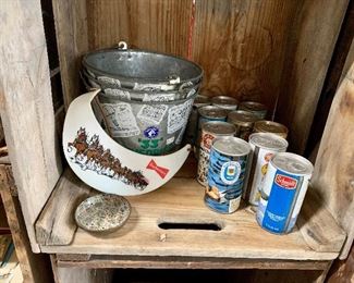 Vintage beer cans, beer buckets and Budweiser hat