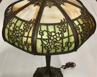 Antique Bronze Art Nouveau Table lamp, Slag glass Shade