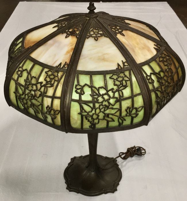 Antique Bronze Art Nouveau Table lamp, Slag glass Shade
