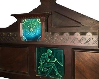 FABULOUS AESTHETIC WALNUT ETARGE, C1850'S, WITH 4 STUNNING MUSICAL AGE CRACKLED ART TILES, BOTTOM LOCKBOX & BRONZE KEY