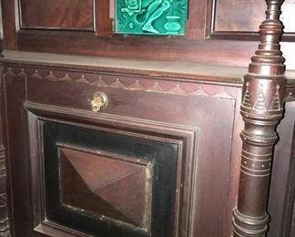 FABULOUS AESTHETIC WALNUT ETARGE, C1850'S, WITH 4 STUNNING MUSICAL AGE CRACKLED ART TILES, BOTTOM LOCKBOX & BRONZE KEY