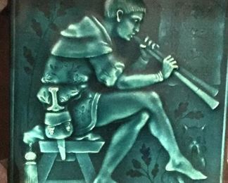 FABULOUS AESTHETIC WALNUT ETARGE, C1850'S, WITH 4 STUNNING MUSICAL AGE CRACKLED ART TILES, BOTTOM LOCKBOX & BRONZE KEY