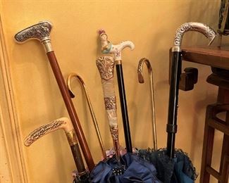 Sterling, Meissen, Gold walking sticks & umbrellas