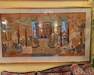 Very large Oriental Needlework framed Tapestry