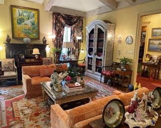 Antique Aubusson rug, pair down loveseats, Swedish painted cabinet, 1936 Steinway piano, rare books, Dresden, Oriental, Baccarat sconces, original artwork.  Amazingly beautiful room!