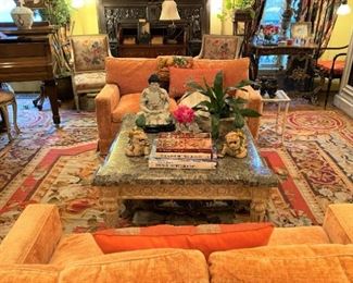Pair of tangerine silk velvet down loveseats.  Love ❤️ these…and they’re comfortable!