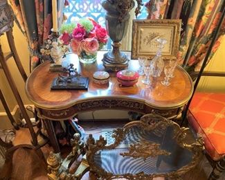 Antique French kidney desk; gilt bronze mounts