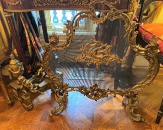 Antique French fire Screen and a pair of antique French chenet
