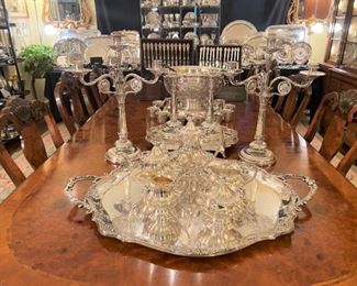 Pair Benjamin Smith I & Benjamin Smith II sterling candelabras and pair of candlesticks.  Monumental sterling tray weighing @ 12 pounds.