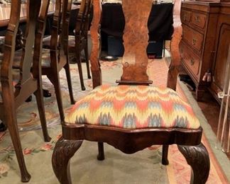 Set of (10) Queen Anne Dining Room Chairs.  Eight match exactly and the two Captain’s chairs are very close but have higher backs and carved stretchers.