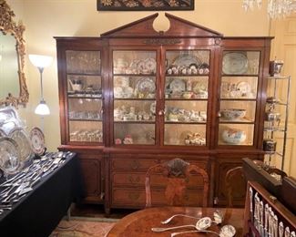 Antique lighted breakfront; custom fitted…full of Herend, 18th Century Sevres, Chinese Export, sterling, Baccarat, etc.