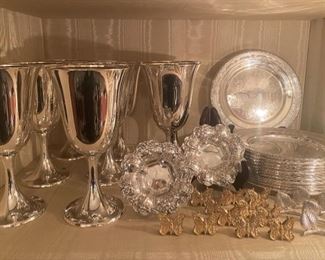 Gorham sterling goblets, Francis I, Tiffany sterling place card holders, set of (12) sterling dessert plates