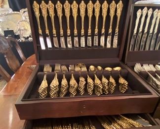Very large set of “King Edward” sterling flatware with gold wash
