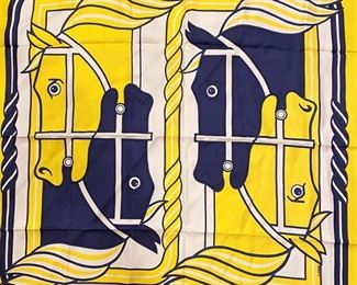 Rare Hermes blue & gold horse scarf