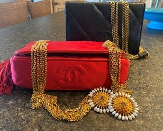 Vintage Chanel silk satin quilted handbag with multi-chain strap.  This is truly vintage and one of a kind!
