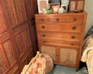 Hand carved Indian screen; vintage chest of drawers 