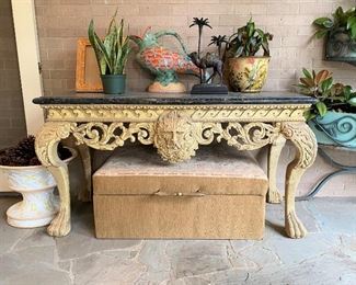 Carved wood & marble topped table